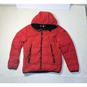 Calvin Klein Red Puffer Jacket w/ Hood–Sorona Aura Insulation, Warm & Breathable